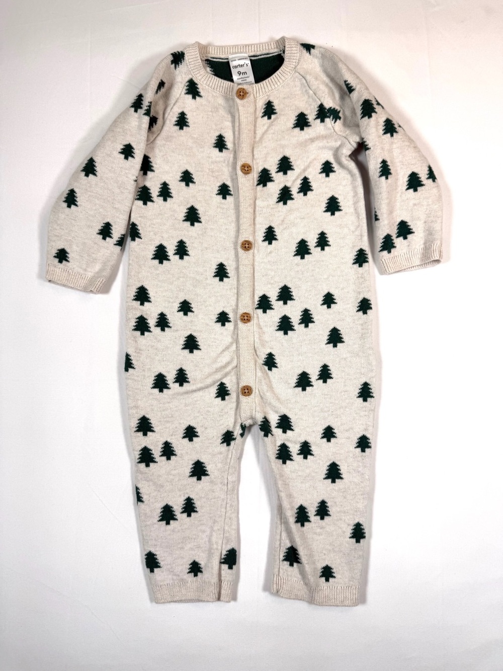 CARTER’S Baby Tree Print‎ Knit One Piece Romper 9M Cream Button Front Cotton